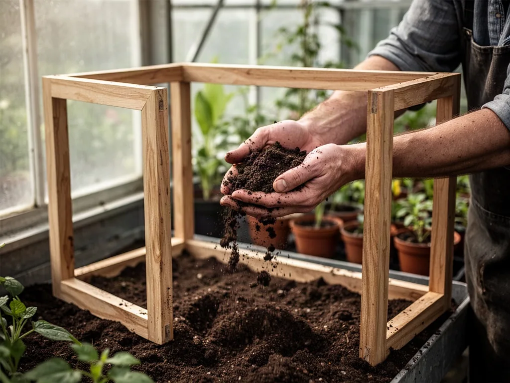 A gardener lets dark moist potting soil fall through bare fingers, close crop on hands and crumbly clumps, a large open-