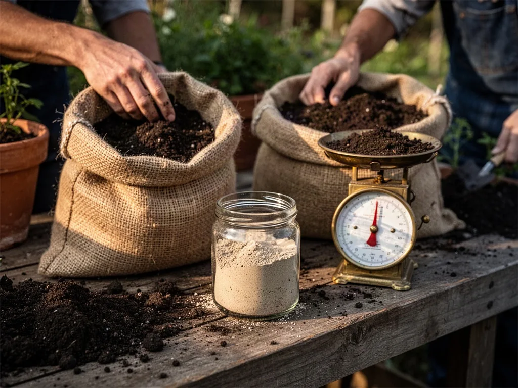 A gardener places a small unlabelled glass jar of pale sandy soil on a wooden potting bench beside an open plain burlap 