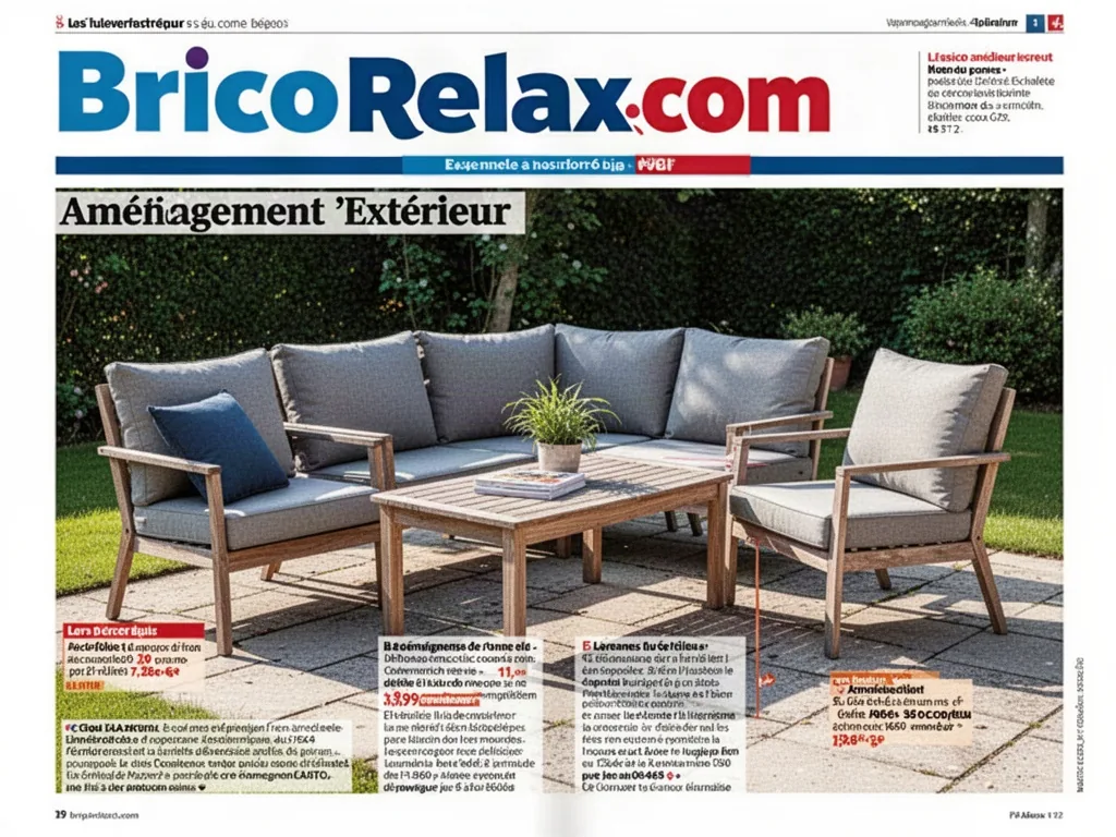Aménagement extérieur Brico Relax : terrasse bois, canapé rotin, coussins et plantes vertes