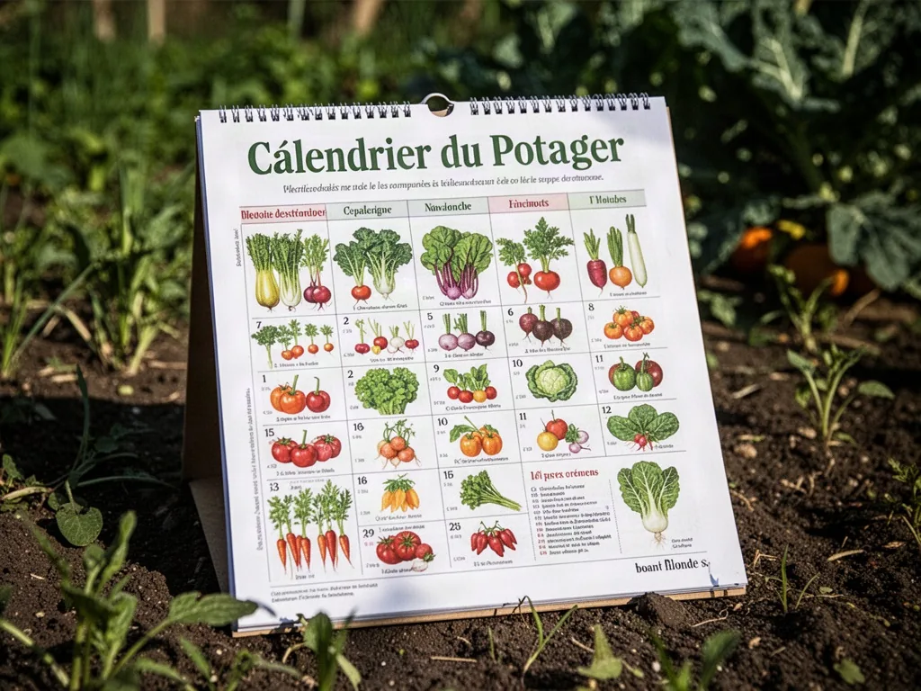 Un jardinier consulte un calendrier mural près de rangées de légumes