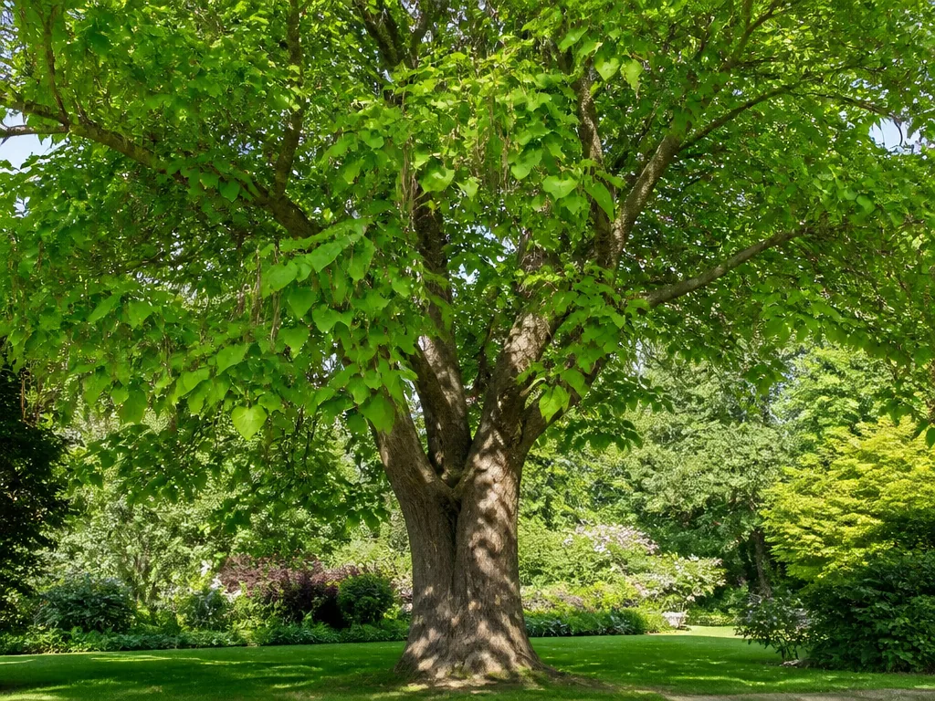 A tall Catalpa bignonioides tree with broad heart-shaped leaves and long seed pods, standing in a spacious garden, showi