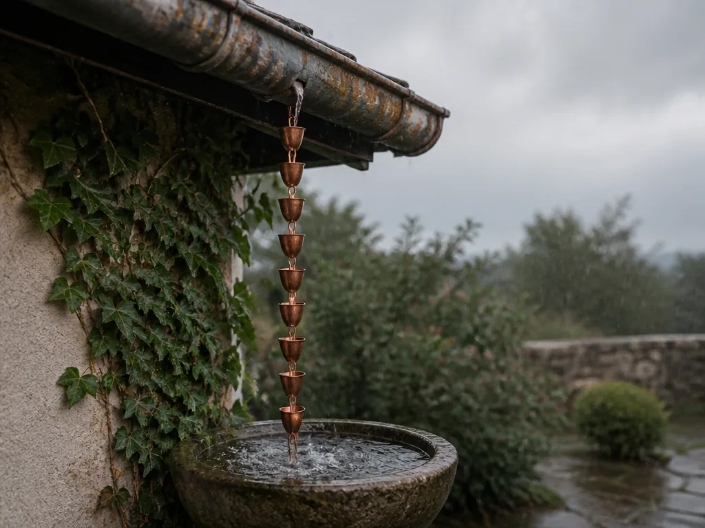 A copper rain chain with small cup links hanging from a rust-streaked gutter, heavy rainwater splashing into a round sto