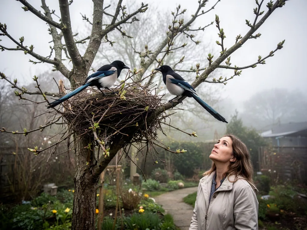 Two Eurasian magpies build a twig nest in a leafless spring tree, one placing a branch, the other perched beside