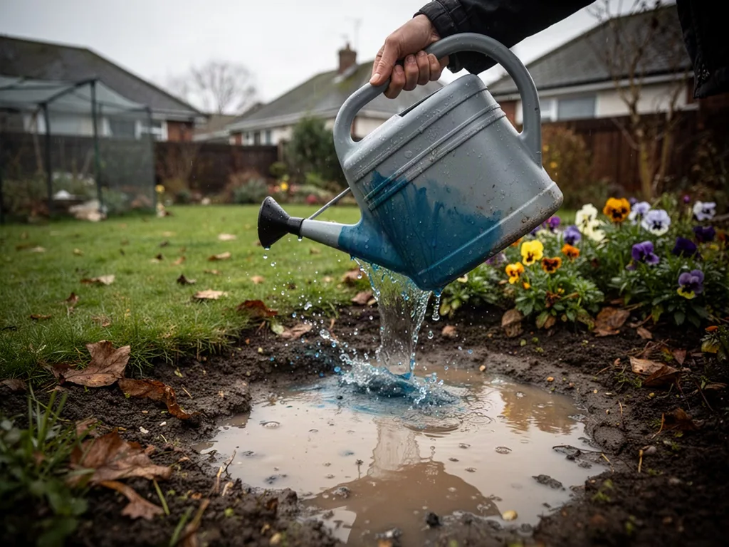 A gardener's hand tilts a large unlabelled plastic watering can too steeply, splashing blue liquid onto a flowerbed, exc