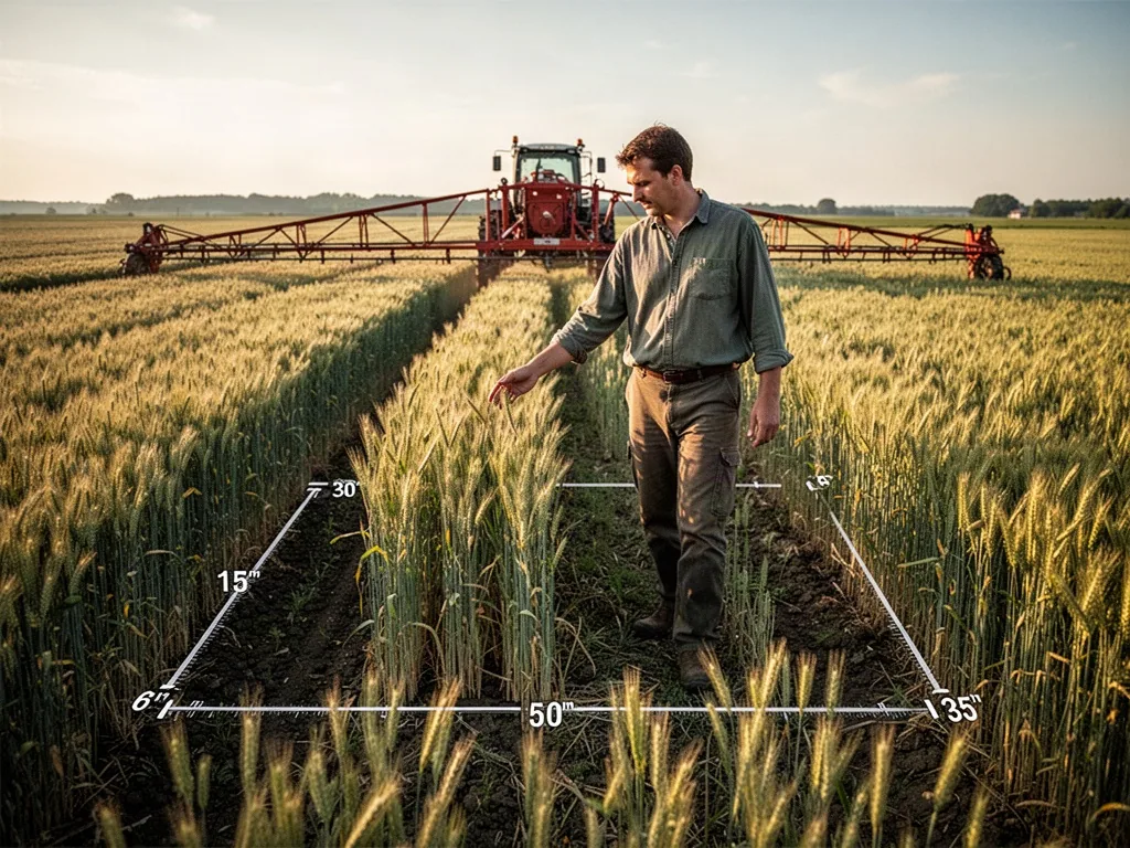 A farmer in a wheat field paces out a rectangular plot, counting steps, one hand touching a tall wheat stem