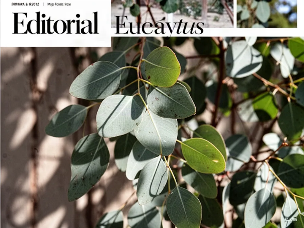 Branches d'eucalyptus fraîchement coupées, posées sur une table en bois, prêtes à composer un bouquet champêtre