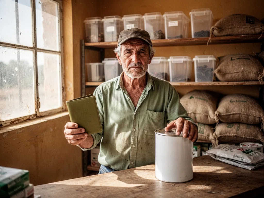 A weathered Spanish farmer stands at a rural agronomy supply counter, one hand presenting a closed blank olive-green cre