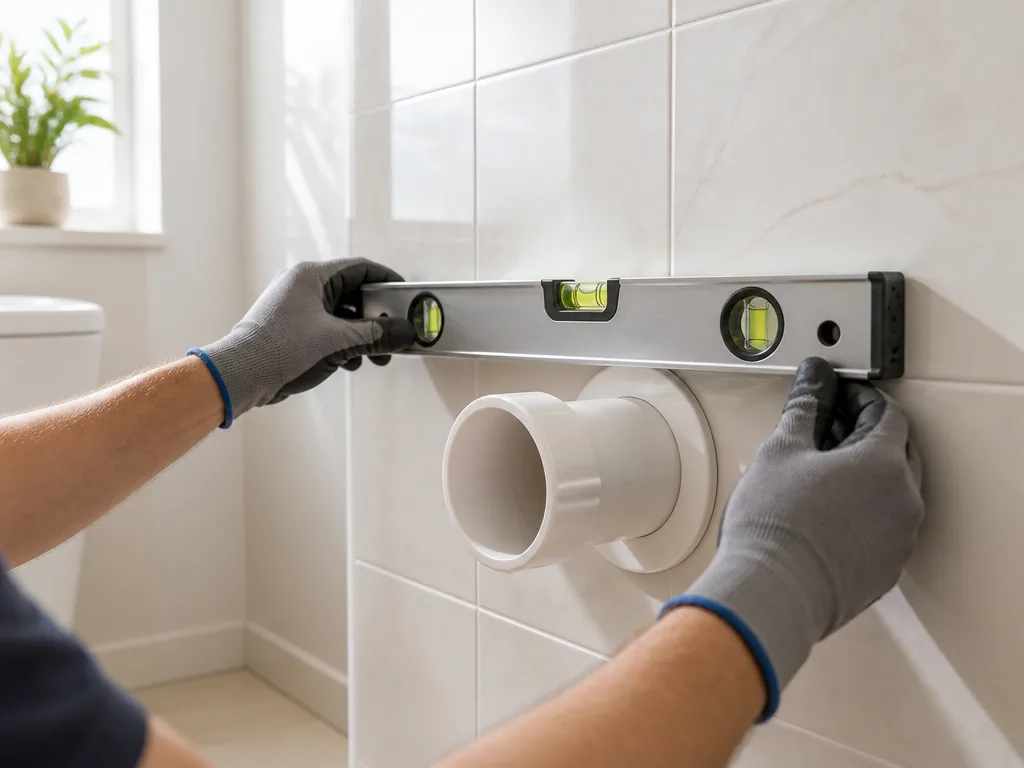 A white PVC toilet waste pipe entering a tiled wall at standard height, a metal spirit level balanced on top, gloved han