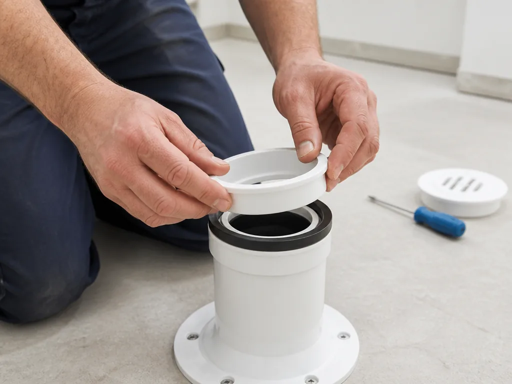 A plumber's hands fitting a plain rubber seal and a white reducing ring onto a floor-mounted white drainage pipe, clean 