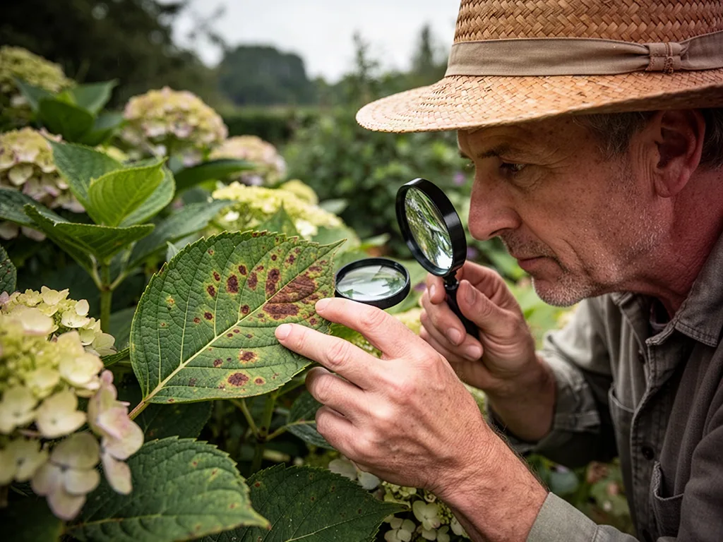 A gardener in a straw hat examines a hydrangea leaf through a hand lens, tracing brown spots with a fingertip