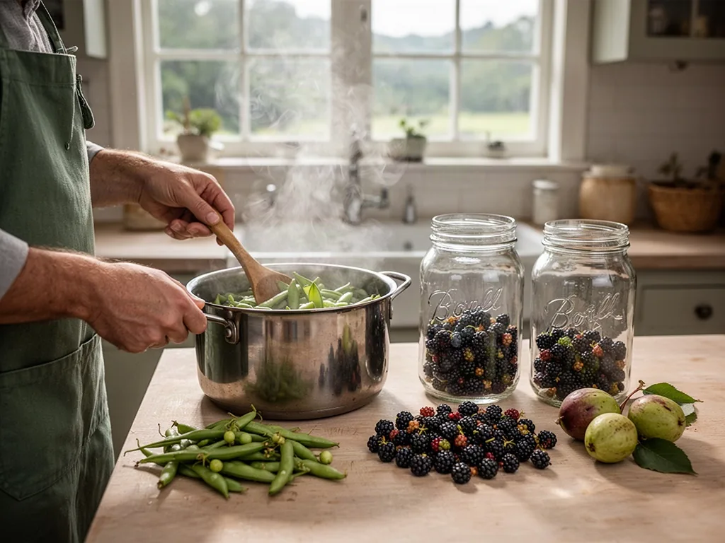 A home cook blanches beans while arranging honeyberries and huito beside two unlabelled glass preserving jars on a pale