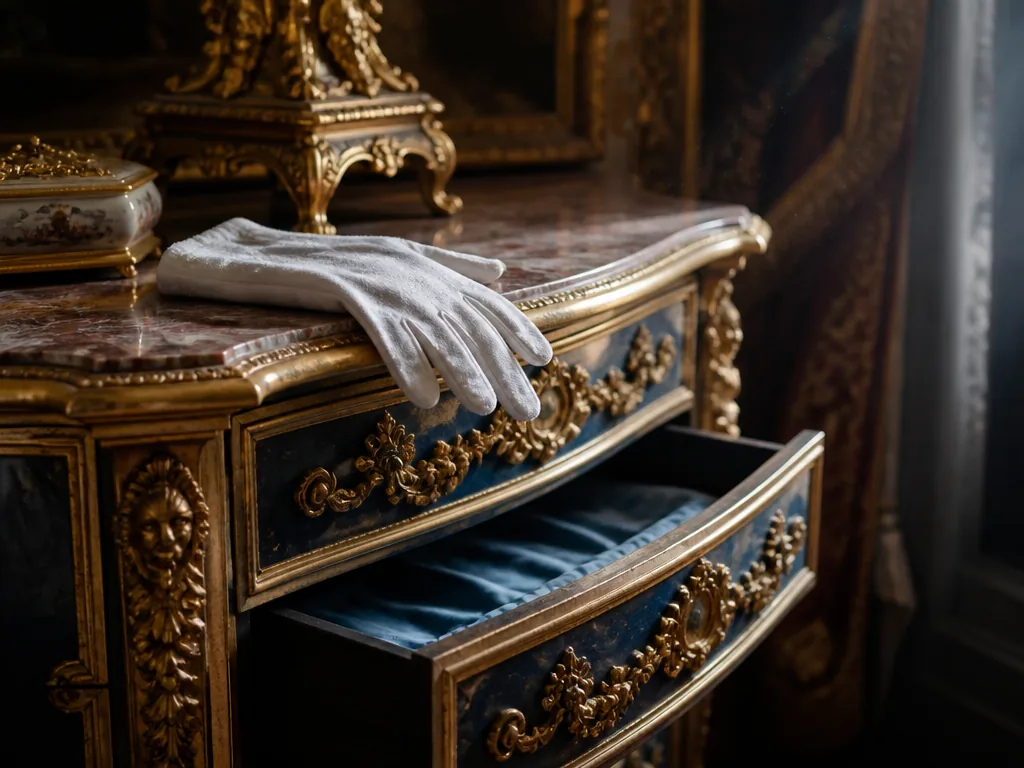 A white cotton glove resting on a gilded commode, one drawer open to faded blue silk lining, dust motes in raking light