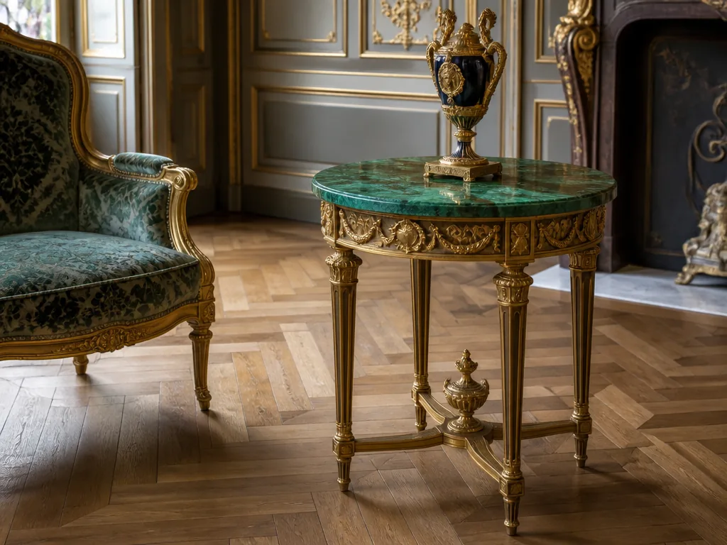 A French neoclassical side table with malachite top, gilded bronze mounts, in a grand salon with herringbone parquet, so