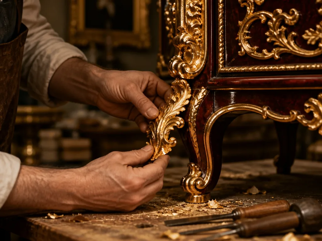A craftsman's hands fitting an ornate gilded carving onto a cabinet leg, wood shavings on workbench, warm workshop light