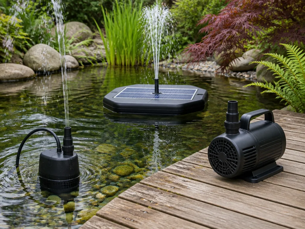 A submersible water pump partially underwater in a clear garden pond, a floating pump with a plain dark solar panel, and
