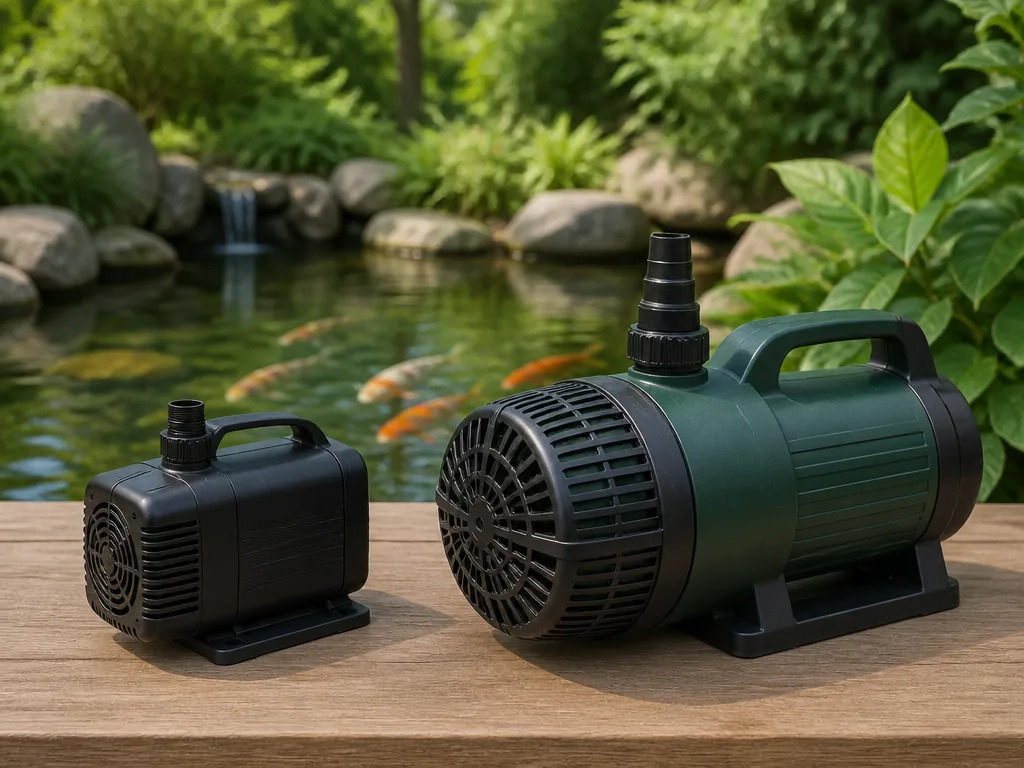 A compact black fountain pump and a larger green pond pump with a round filter cage, side by side on a plain wooden tabl