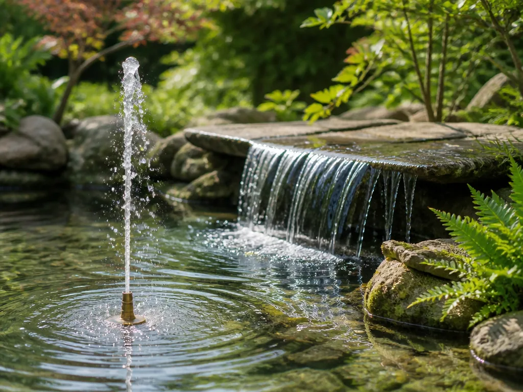 A small brass fountain nozzle shooting a vertical water jet, a broad cascade spilling over a flat stone into a pond, sof