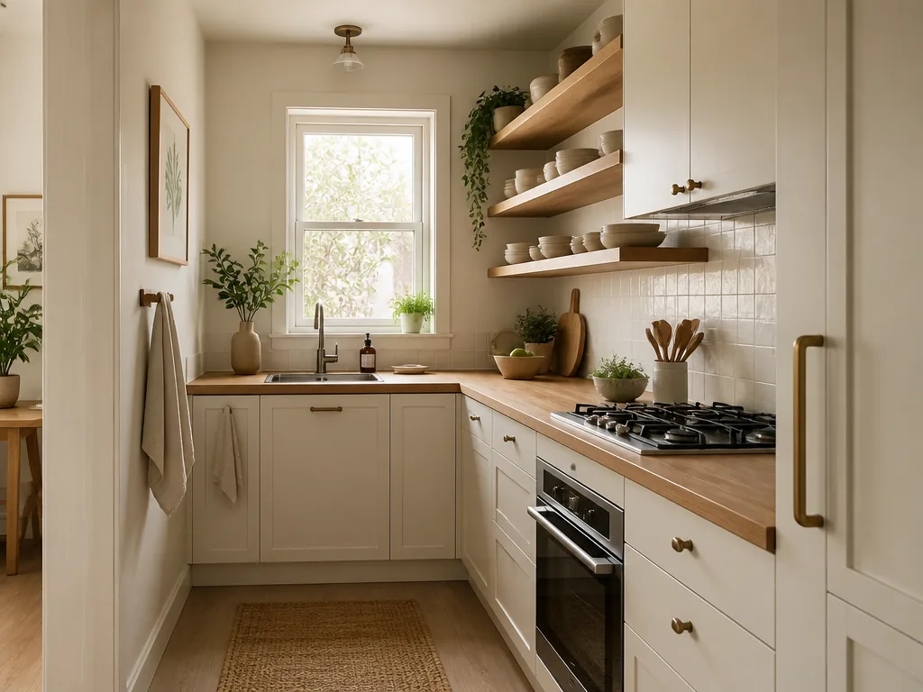 A compact custom kitchen with slim white cabinets, a warm wooden countertop, and open shelving holding plain ceramic bow